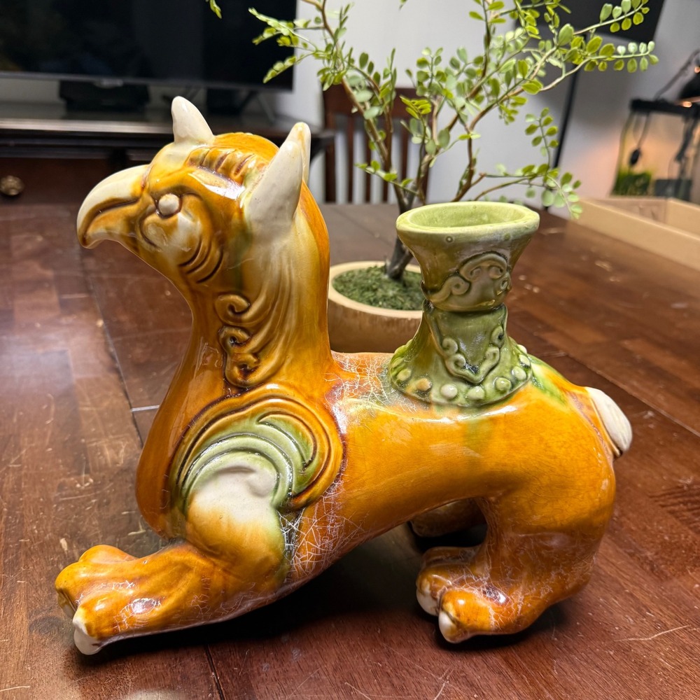 Vtg Sancai Glaze Ceramic Crackle QILIN Griffin Statue Chinese Mythical Unicorn